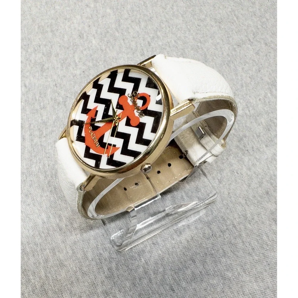 Geneva Platinum Watch Womens‎ Pink Anchor White Leather Band Nautical Chevron